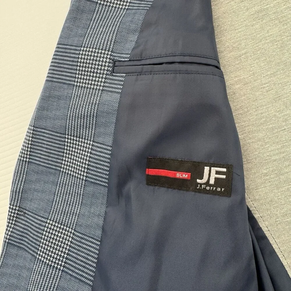 J Ferrar Slim Fit Sport Coat 34R Blue Plaid Windowpane Stretch Blazer Mens
